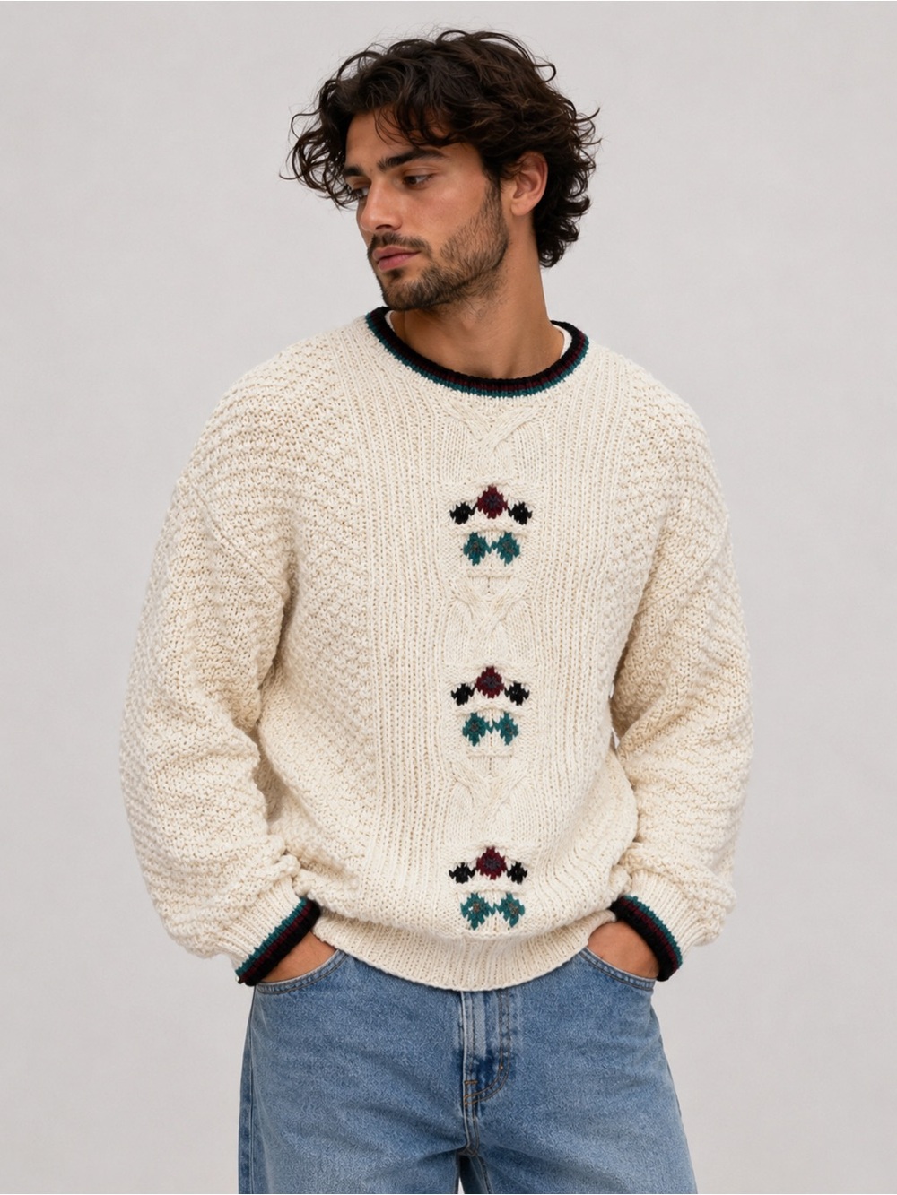 Boulevard Club Cream Knit Sweater with Stripes